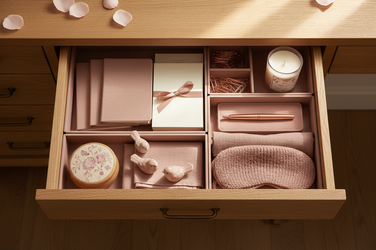 cozy open drawer with organized stuff, hint of pink 