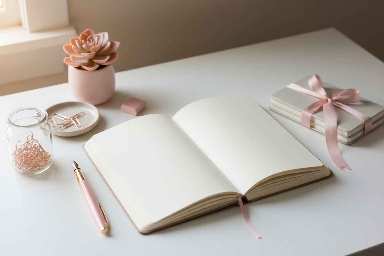 cozy stationary with a open journal on a white desk, with a hint of pink decor